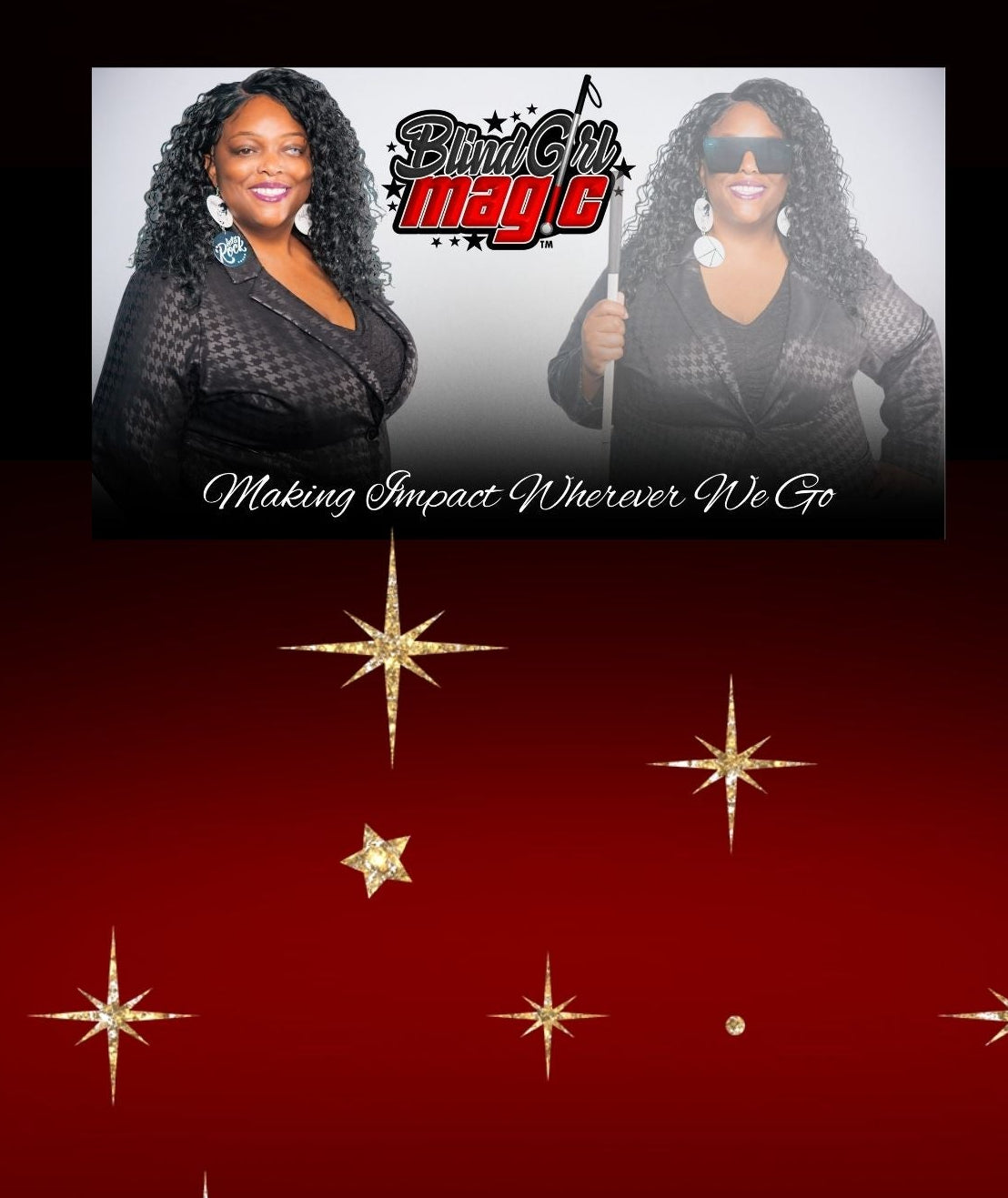 A rectangular product, likely a gift card or envelope, featuring a black top section with a white-to-black gradient glow and a central photo of two women. The bottom section is a deep red with gold starburst graphics and the text 'Making Beautiful Beautifully' and 'We Go'.
